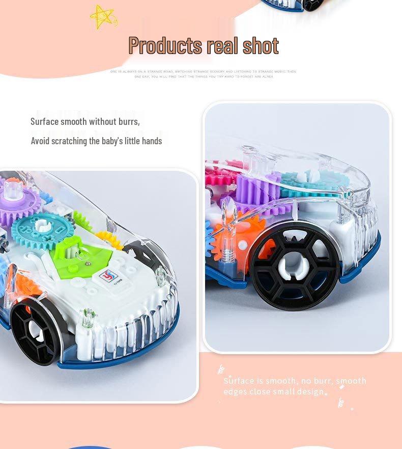 In Stock: Interactive Transparent Gear Racing Car – Omni-directional Walking, Lights, Music, Electric Toy for Children & Parents