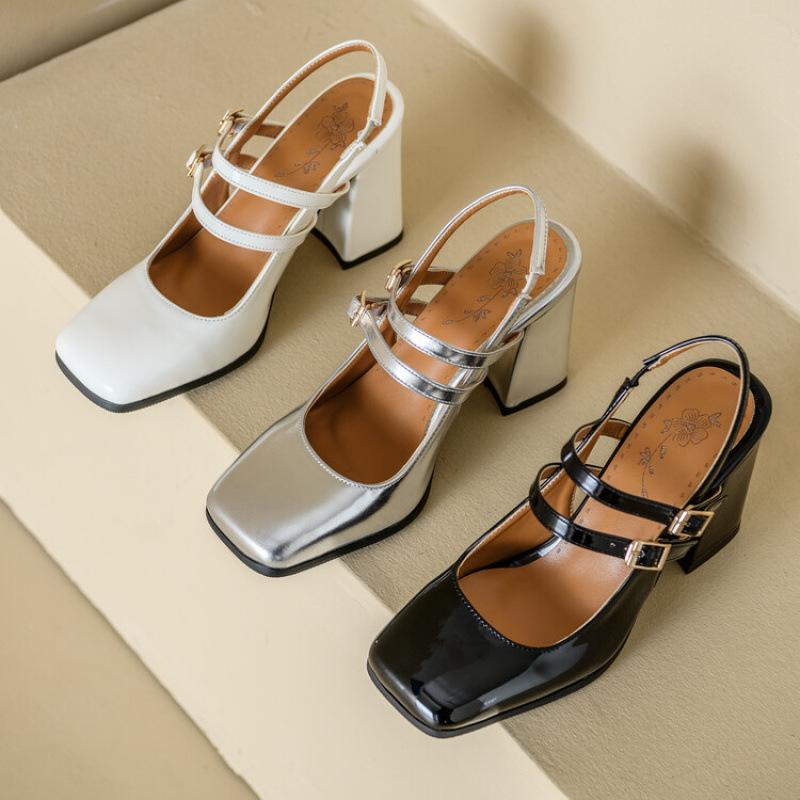 Summer Square Head Rear Empty High-heeled Sandals New Women's Roman Sandals Casual Patent Leather Large Size Shoes Waterproof Table Heel