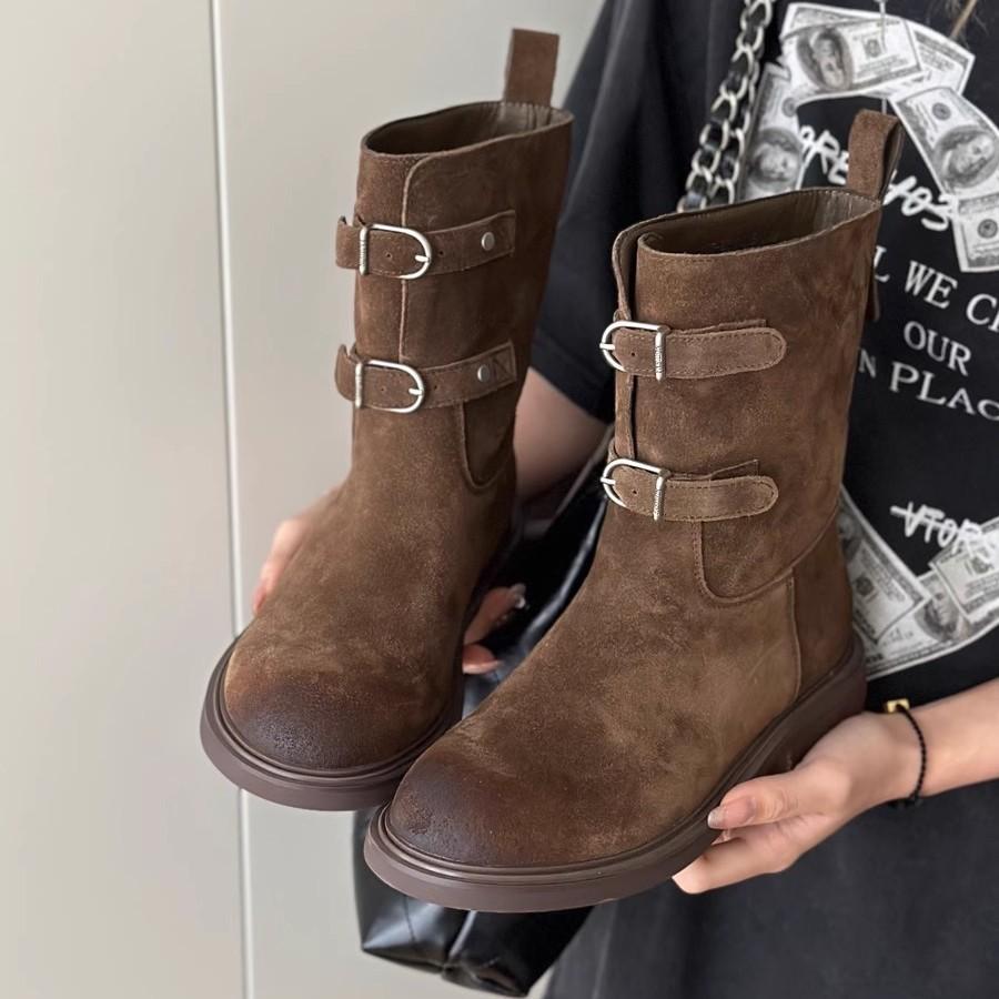 High quality~ retro polished belt buckle western cowboy boots slim short boots women's Maillard Martin boots locomotive boots