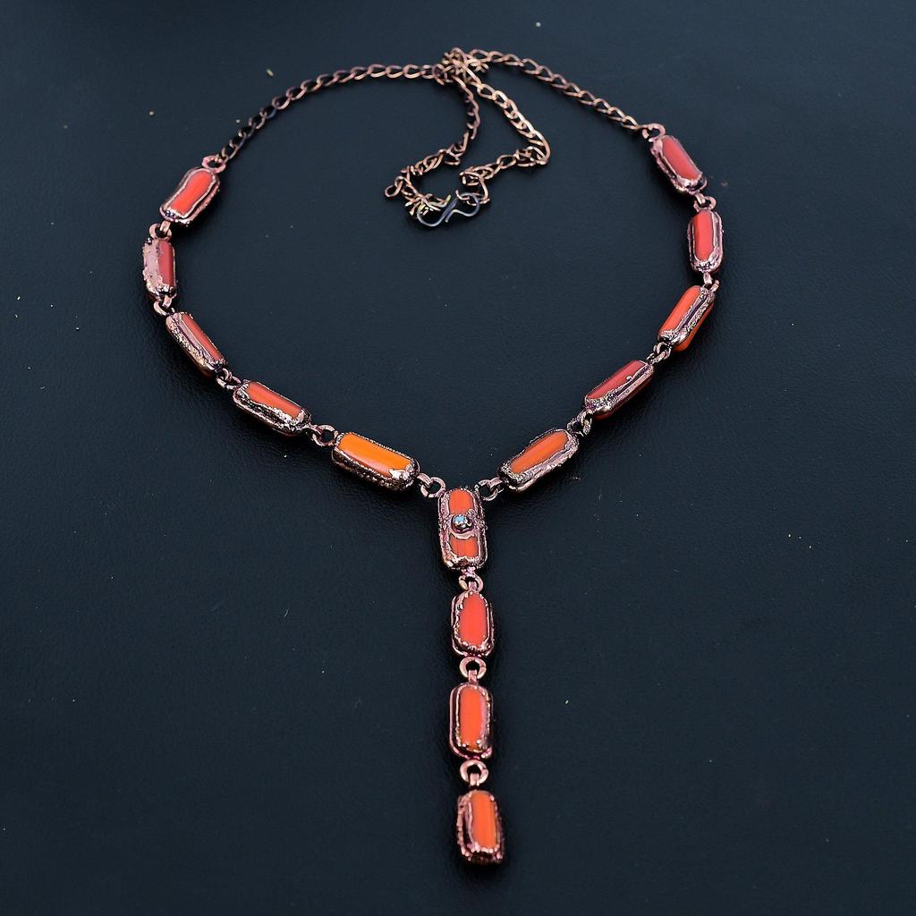 Red Coral Handmade Gemstone Necklace, Copper Electroformed Necklace Antique Jewelry, Adjustable Chain Necklace Engagement Gift