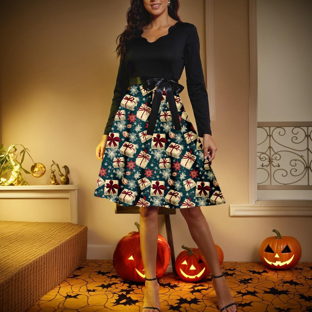 Vestido retrô feminino casual com decote em V e manga comprida, estampa retrô de Natal