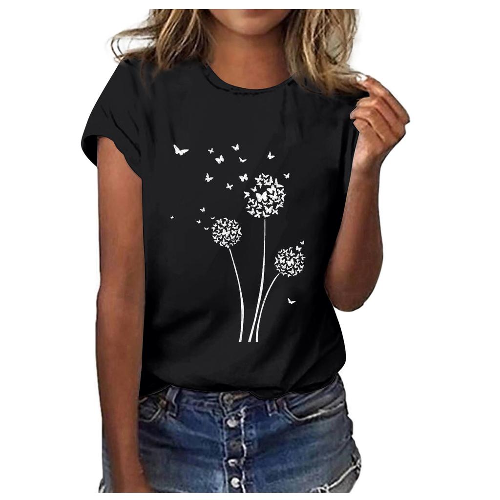 Women Fashion Casual Tops Printed Short Sleeve Shirts Round Neck Pullover T Shirts