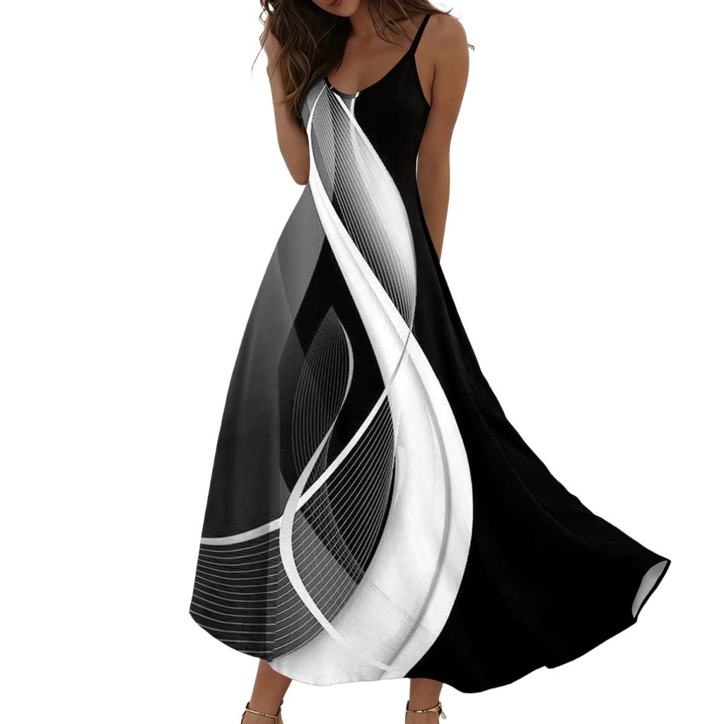 Damen Floral Geometrisches V-Ausschnitt Maxikleid Ärmellos Sommer Langes Kleid Lässig Bedrucktes Sommerkleid für den täglichen Gebrauch