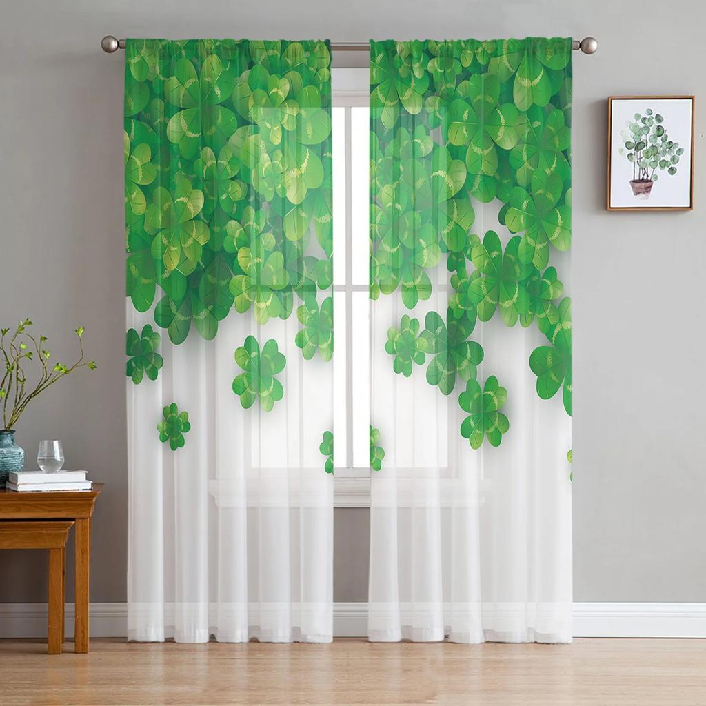 St Patrick Day Curtains Living Room Kitchen Clover Leaves Tulle Luck Wealth Irish Design Chiffon Curtain Light Filtering Polyester Area Window