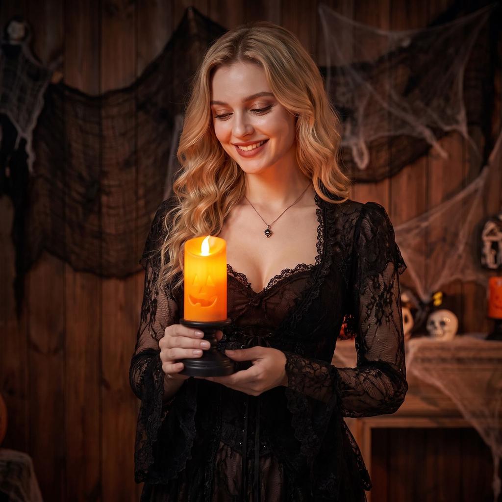 Halloween Pumpkin Candle Holder with Flickering LED Light for Bar Party Decor