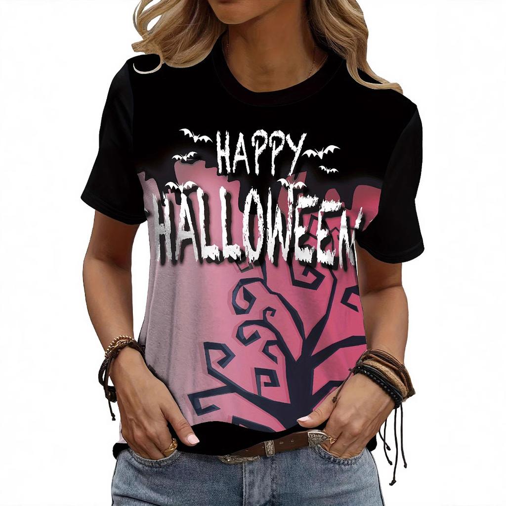 Summer Round Neck 3D Halloween Print Top Fashionable Casual Short Sleeved Women's T-shirts