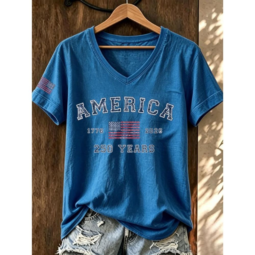 ilstile Women's America 250 Years Print T-Shirts Summer Short Sleeve Casual Loose T Shirt V Neck Tops White Tees Hot Sale