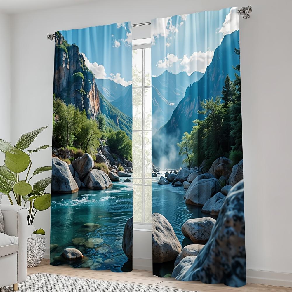 2pcs Blue Mountain Water Scenery Printed Door & Window Curtains U2013 Stylish Rod Pocket Window for Bedroom   Office   Living Room