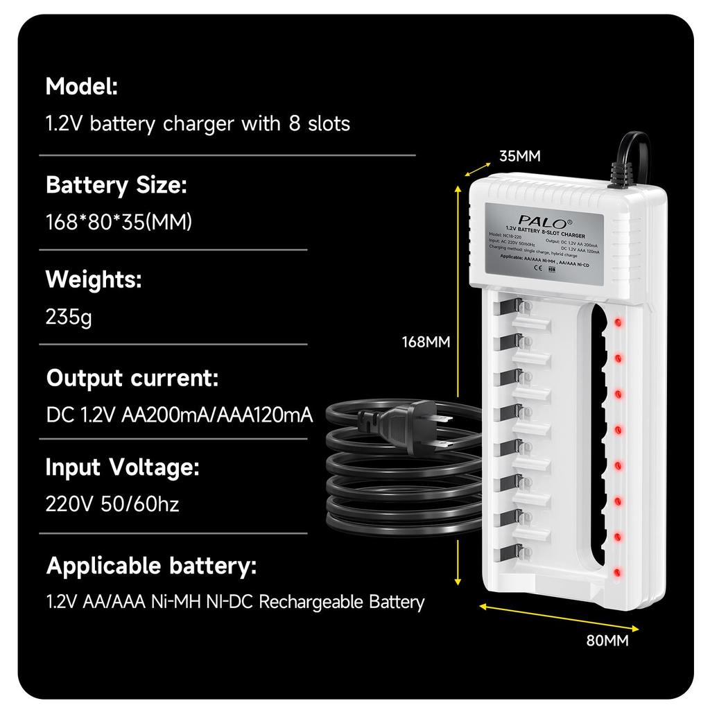 PALO 1.2V AA Ni-MH Battery 1300mah +AAA Rechargeable Batteries 600mah for Toy alarm clock with 8 slots Smart 2A 3A Battery Charger