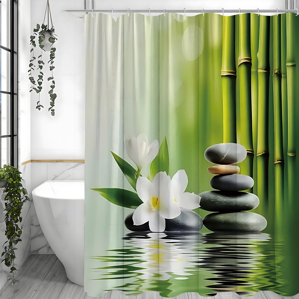 Zen Garden Bamboo Spa Stone Flower Theme Shower Curtain, Bathroom Decorative Shower Curtain, Waterproof Shower Curtain with Hook