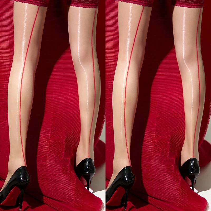 2 Paar Sexy Pferdefett Glänzende Strümpfe Damen Neu Schwarz Rote Linie Hinternaht Rutschfestes Silikon Spitze Oben Oberschenkelhohe Socken Strumpfwaren
