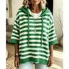 Women's New Hooded Drawstring Knit Sweatshirt Loose Long Sleeve Striped Pullover Sweater
