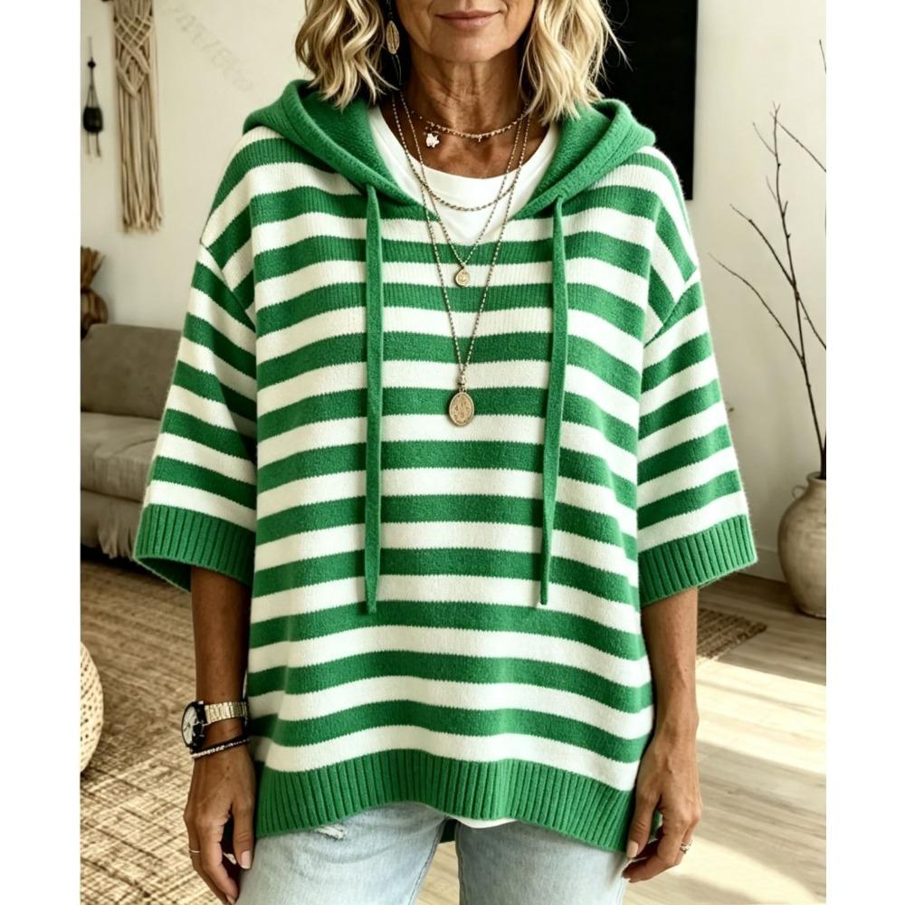 Women's New Hooded Drawstring Knit Sweatshirt Loose Long Sleeve Striped Pullover Sweater