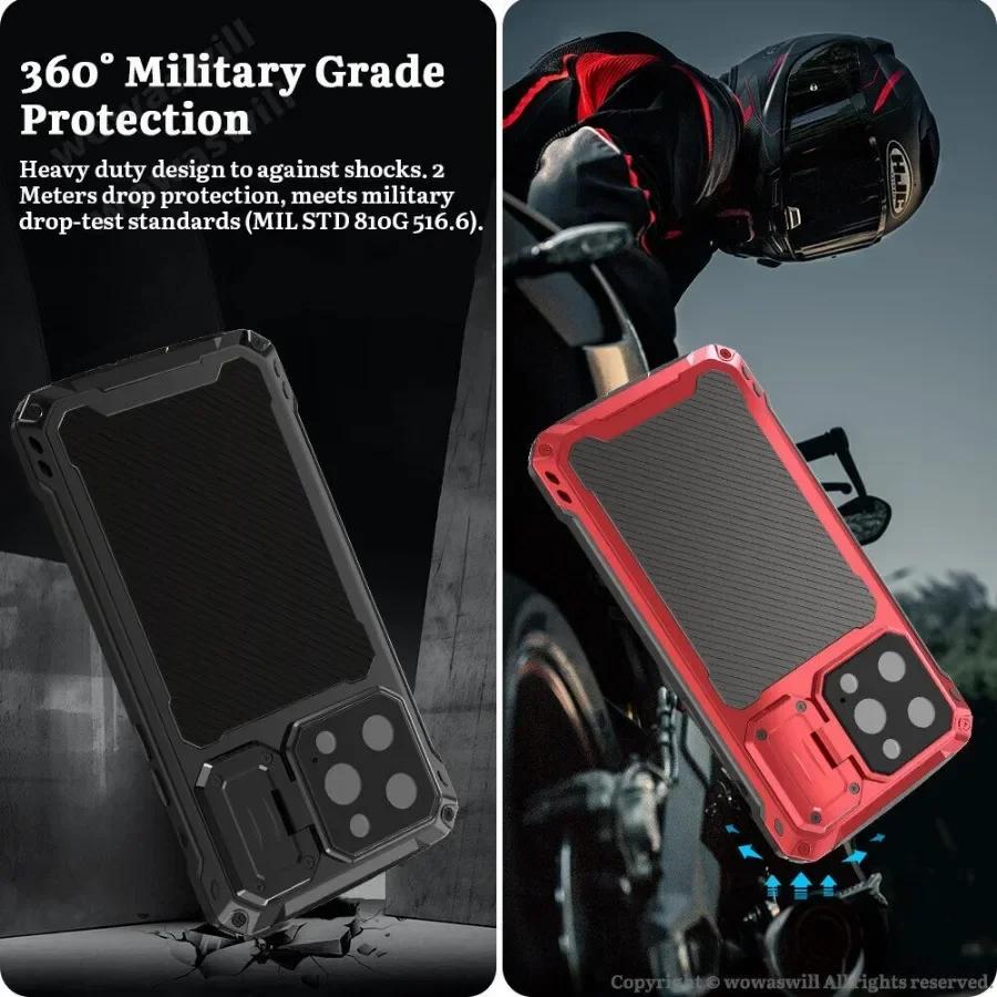 For iPhone 16 15 Plus 14 Pro Max Aluminum Metal Shockproof Magnetic Case Heavy Duty Armor Cover With Screen Protector Lens Stand