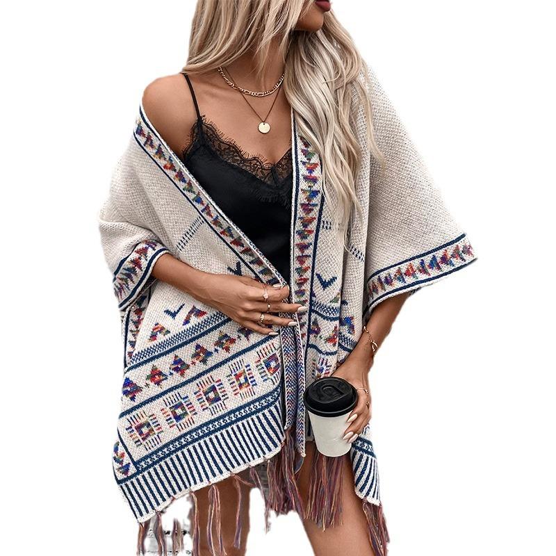 Women's Autumn and Winter Large Size Cardigan Fashionable Knitted Tassel Shawl Loose Jacquard Sweater Cape Top Women
