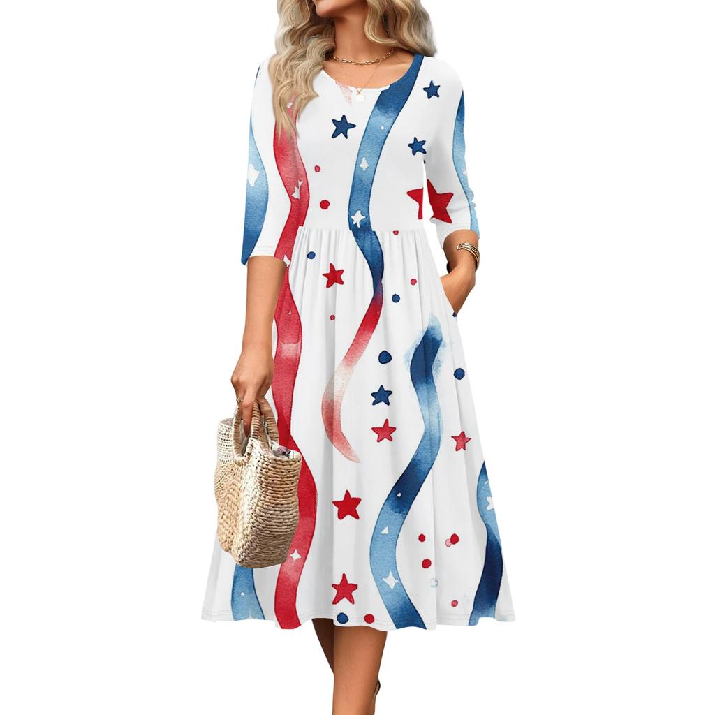 Women's Independence Day Dress - Casual Midi, Round Neck, Three Quarter Sleeves, Ruching Waist, for Spring Fall Parties