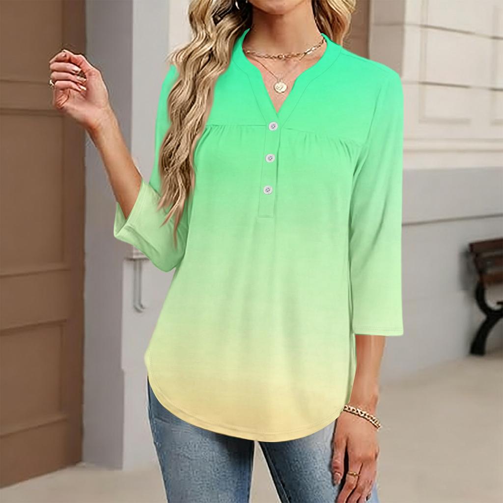 Women's Fashionable Casual Color Block Gradient Print V-Neck Button Three-Quarter Sleeve T-Shirt Top