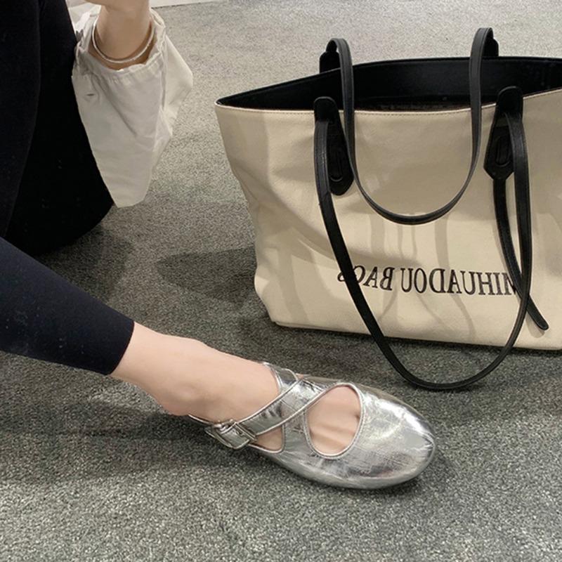 Studiolee Cross Strap Silver Round Head Soft Leather Mary Jane Women's Shoes Light Mouth Flat Shoes