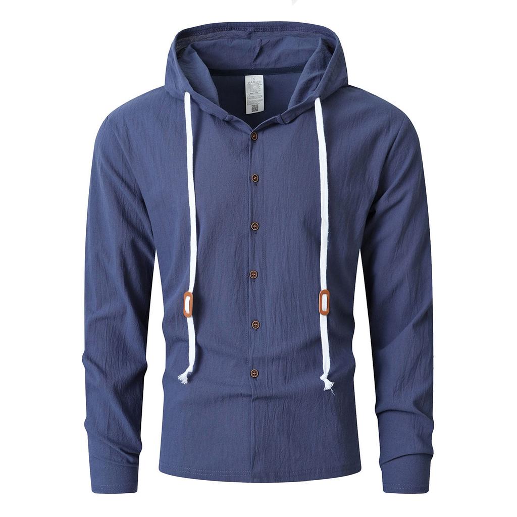 Men's Hooded Linen Blend Shirt, Loose Fit Button-Up Shirt, Long Sleeve Wrinkle-Free Moisture Wicking Casual Top