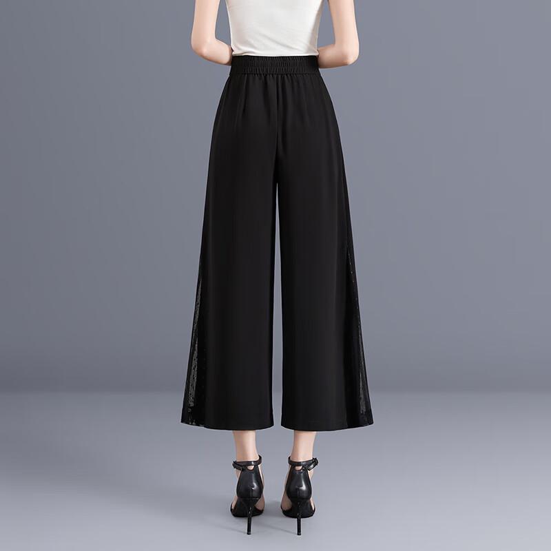 Shechi Women's High-Waist Mesh Spliced Wide-Leg Cropped Pants