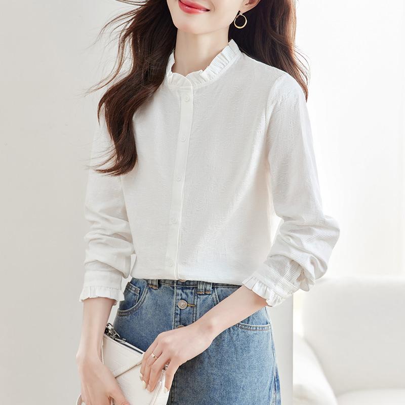 

Черный грибной воротник Белая рубашка для женщин С длинным рукавом Весенняя одежда Новый топ из чистого хлопка с вышивкой Приталенная рубашка M белый