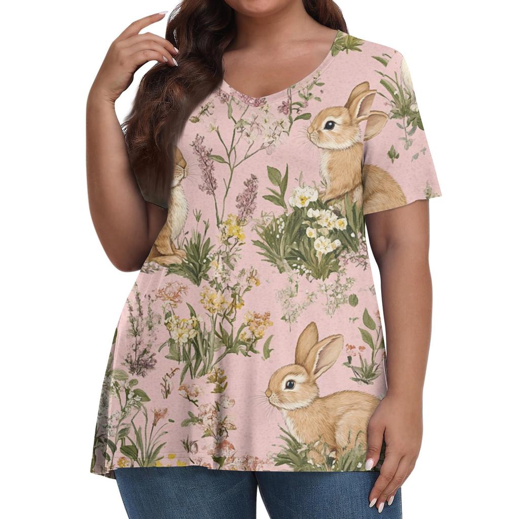 Women's Fashion Casual V-Neck Pullover Short Sleeve Large Size Easter Printed Top