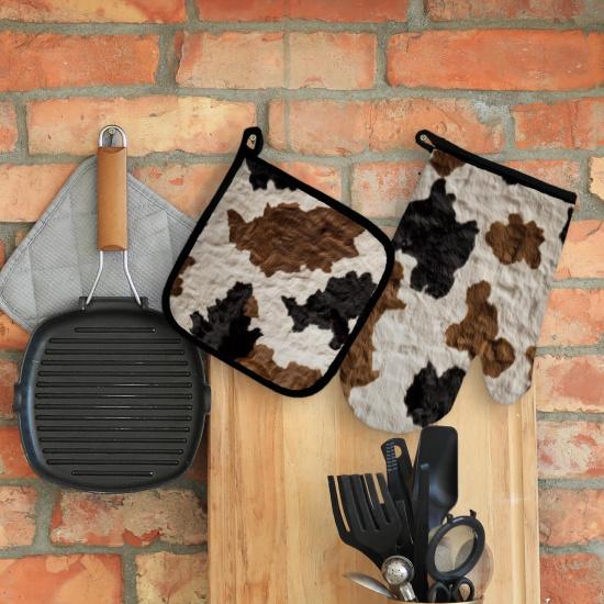Vintage Brown Cow Print Oven Mitts and Pot Holders Sets, Cow Gifts Country Western Cowhide Over Mittens for Kitchen Decor Potholders & Oven Mitts