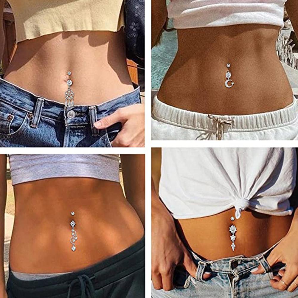 Butterfly-bow Dangled Navel Ring Piercing 14G Flower Heart Crystal CZs Belly Button Ring for Women Stainless Steel Belly Jewelry