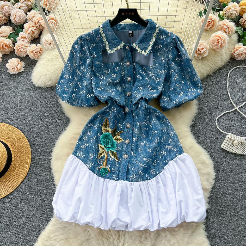 Spring Autumn Summer High Waisted Slimming Women Dresses with Sequin Bubble Sleeve Design Fashion Denim Dress