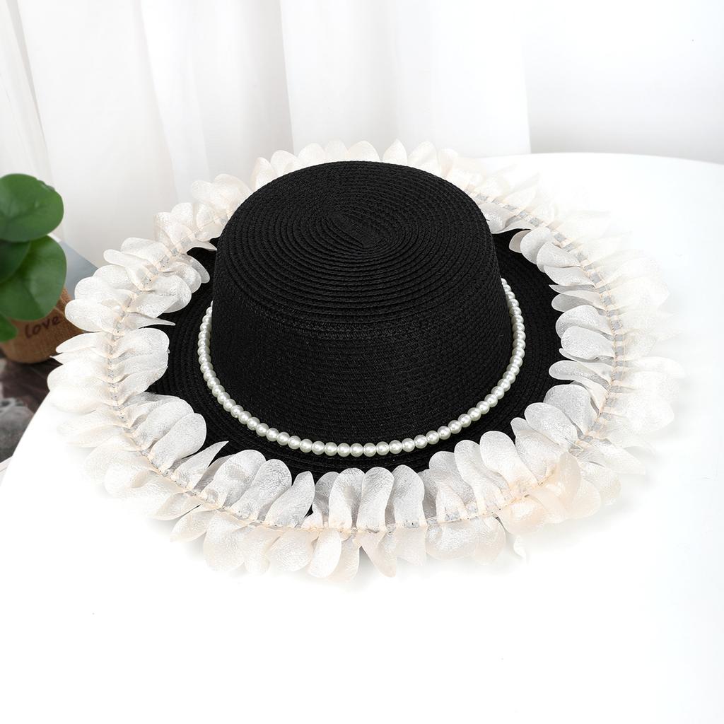 Elegant lace straw hat women's summer outdoor wide brim sunscreen sunshade vacation sun hat new pearl top hat
