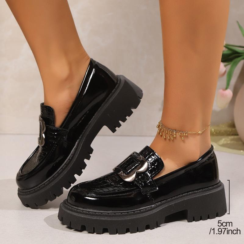 Women's Wide Width Square Buckle Platform Loafers - Chunky Sole Oxford Shoes for Fall/Winter, British Style Fashion Flats
