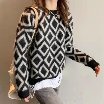Damesmode Casual Herfst Winter Ruitprint Lange Mouw O-Hals Truien
