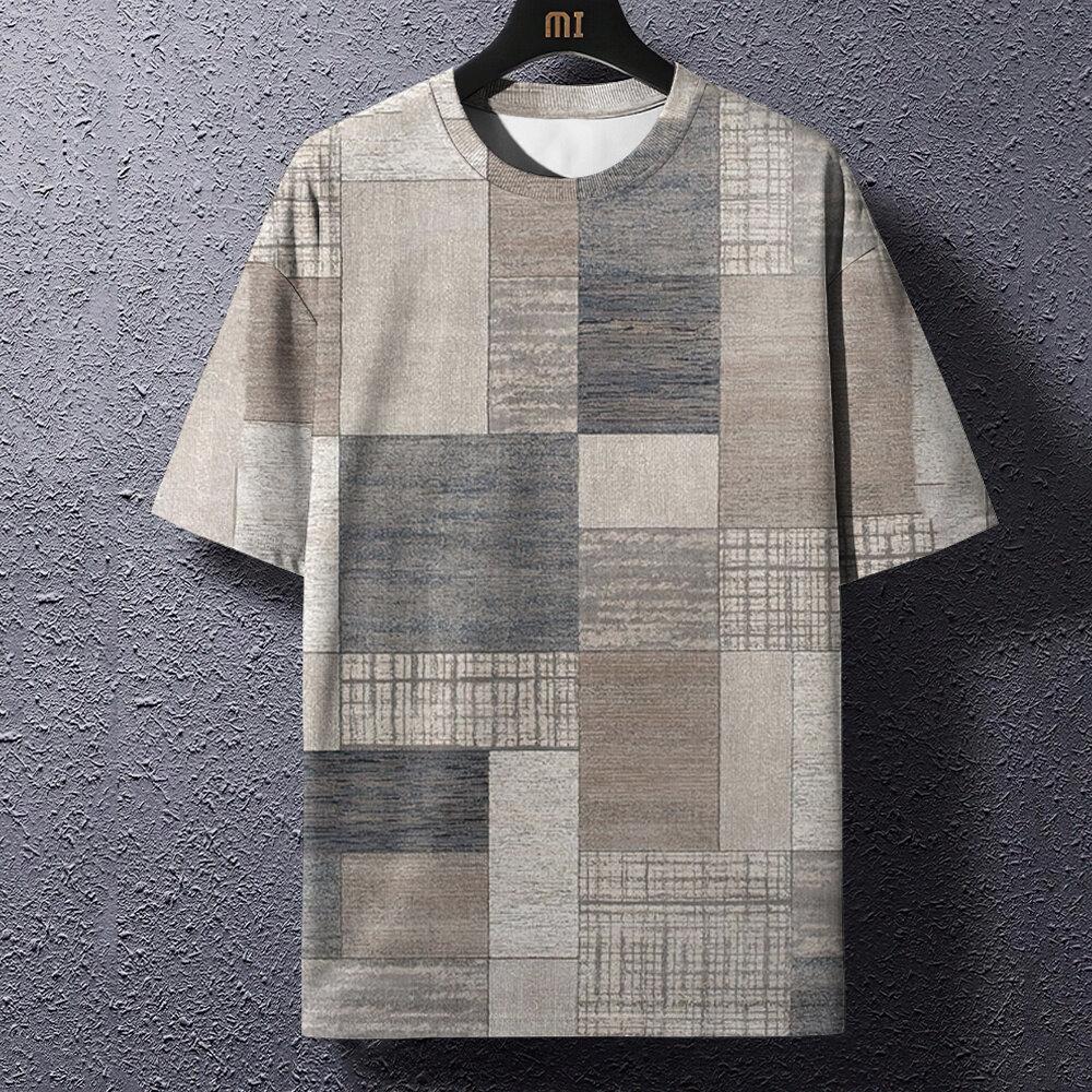 Retro pánské tričko kostkovaný potisk trička patchworkové oblečení kulatý výstřih krátký rukáv halenka nadměrná topy pánské Harajuku módní trička