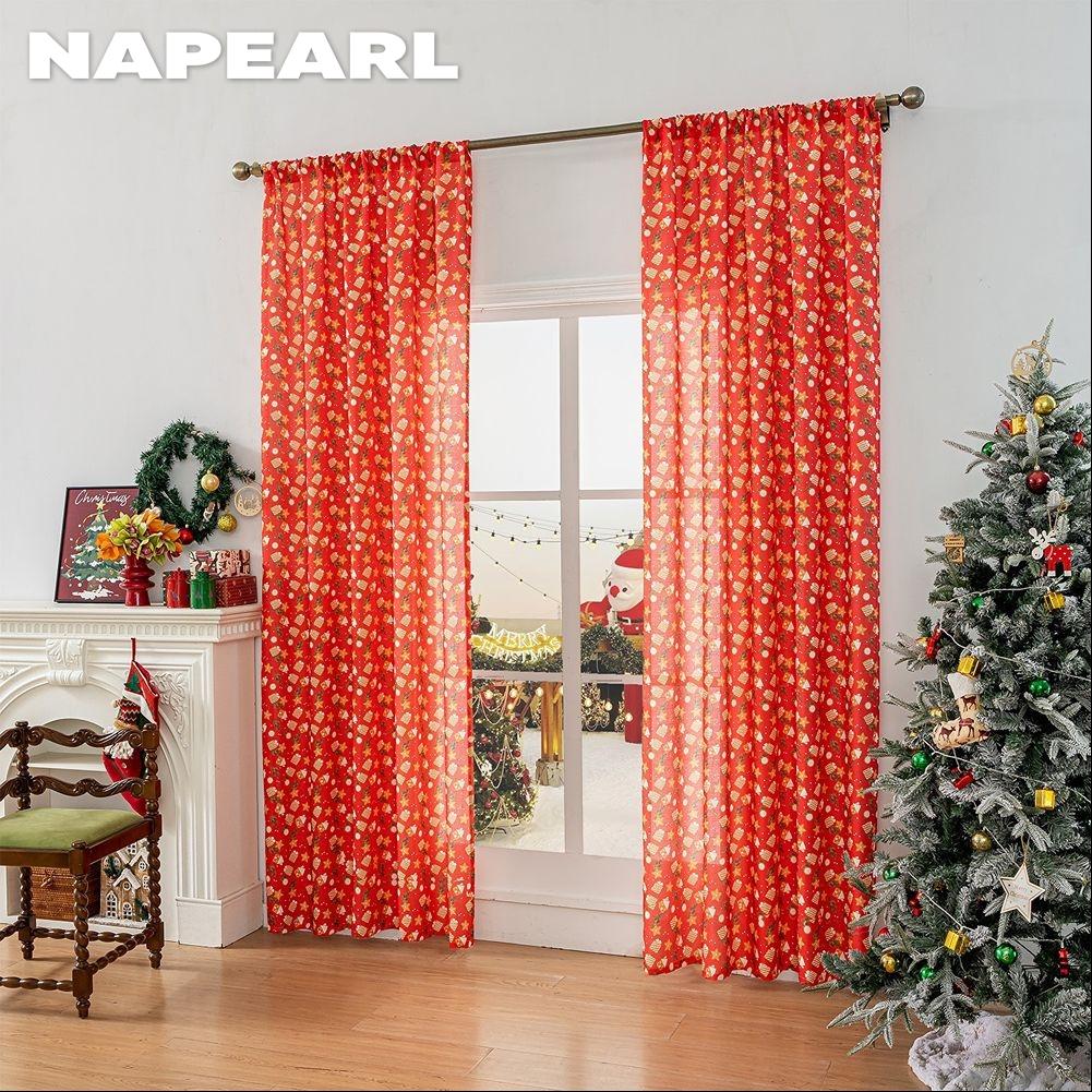 1PC NAPEARL Christmas Style Semi Blackout Curtains Cartoon Patterned Red Printed Curtains for Living Room Bedroom Balcony Window Home Decor