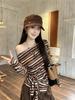 Color-Block Striped One-Shoulder Lace-up Long-Sleeve Tee, Women's Early Autumn Sexy Slim-Fit Top
