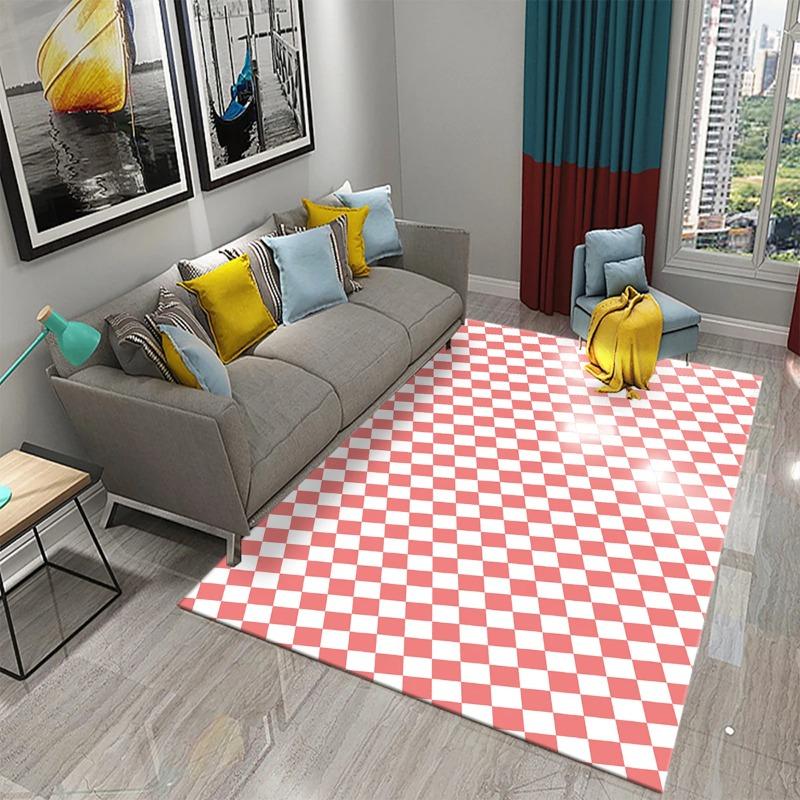 Modern Checkerboard Area Rugs Blue Black Pink Colors Wave Pattern Design for Contemporary Living Room Decor