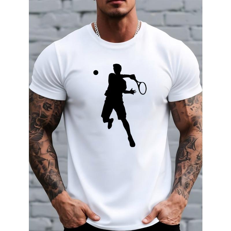 Men's White & Brown Tennis Player Design Short Sleeve Shirt - Breathable Round Neck Summer Outdoor Sports Apparel Suitable for Cycling, Hiking, Tennis