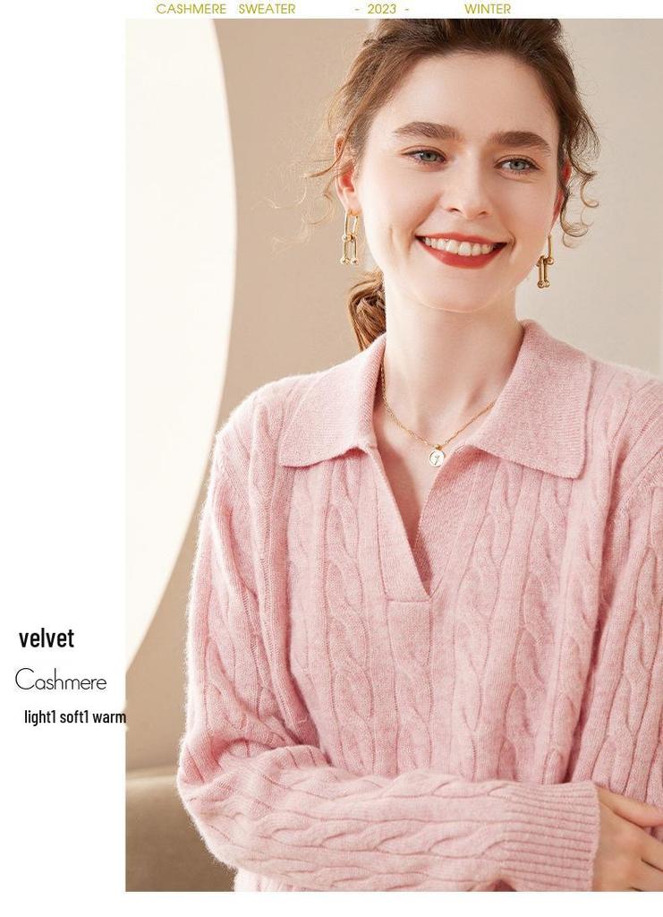 2023 Autumn Winter Women's Cashmere Polo Sweater: Versatile Retro Lapel Knit, Loose Cable Knit Base Layer