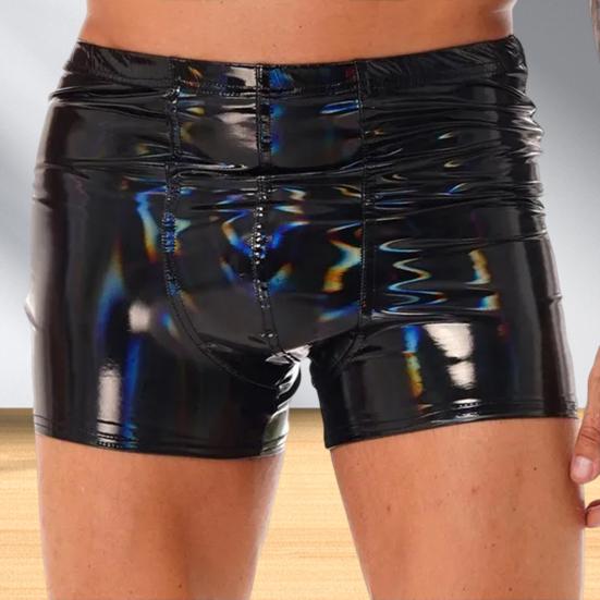 Mid-rise Elastic Waistband Men Panties U Convex Thin Stretchy Sexy Solid Color Faux Leather Shorts Briefs Daily Wear