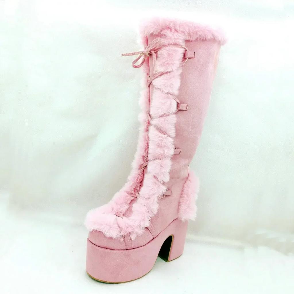 Nuevas botas de nieve de invierno para mujer, plataforma con cuña y tacón alto, zapatos de piel sintética para mujer, botas de media pantorrilla cálidas y antideslizantes de felpa, zapatos góticos