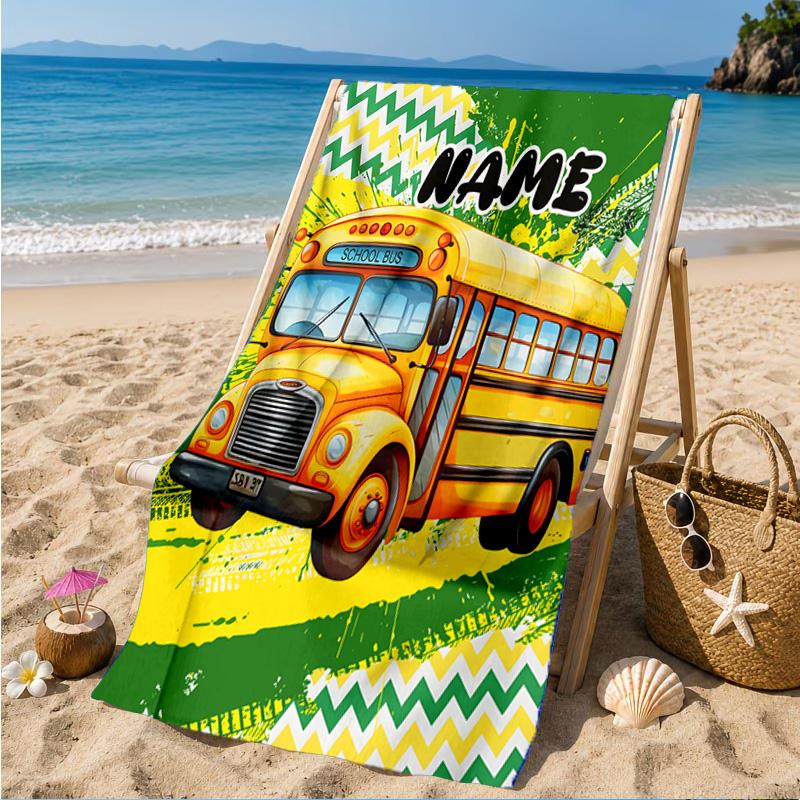 Custom Name School Bus Adventure Beach Towel Microfiber Beach Towel, Lightweight and Quick-Dry, for Summer Travel, Swimming Pool Gift