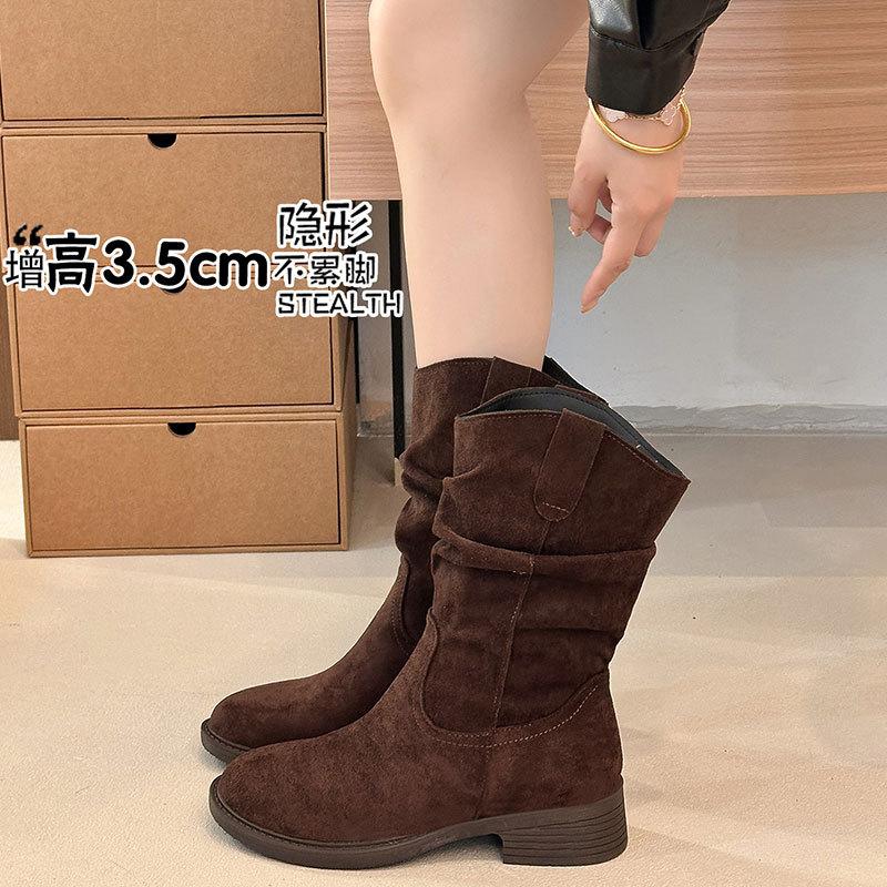 Boots Women's Autumn New Coarse Heel Suede Folded Western Cowboy Short Boots Retro Skinny Boots Pile Boots