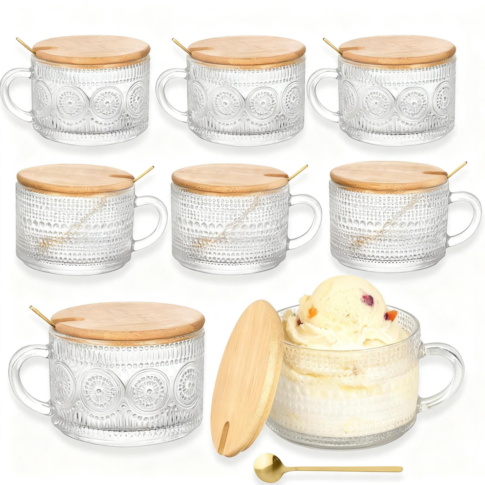 8 Pack Vintage Embossed Glass Coffee Mugs with Bamboo Lids & Gold Spoons, Clear Retro Textured Glass Oatmeal Bowls with Handle, Multipurpose Cup for