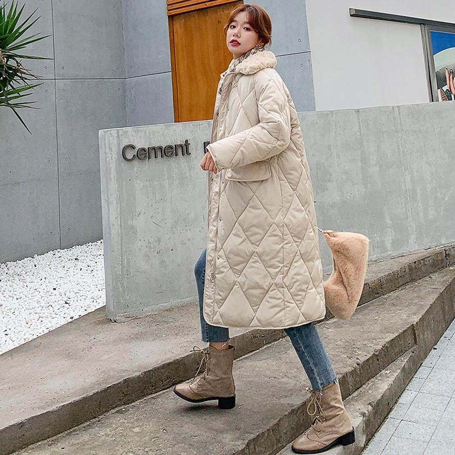 Plus Size Fashion Puffer Cotton Jacket with Quilted Diamond Pattern Wool Collar