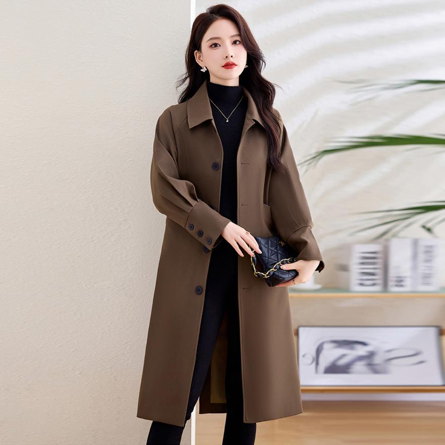 Coffee trench coat women's spring and autumn style small temperament versatile waist knee long coat