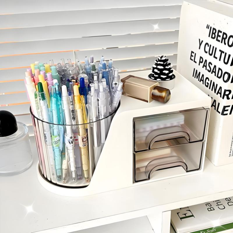 2-In-1 Rotating Pen Holder Rotating Desktop Organizer Storage Box With Drawer Plastic Pen Holder Cosmetic Storage Box