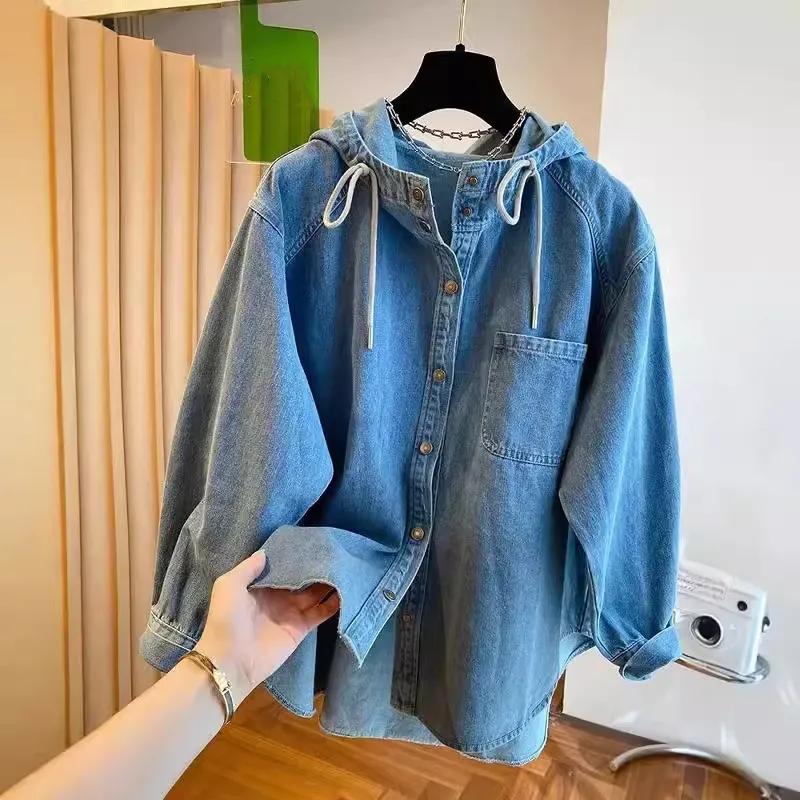 Damen Frühling Herbst Einfarbig Retro Matakawa Denim Hemden&Blusen Kapuzen Blusas Mujer Koreanische Freizeithemden
