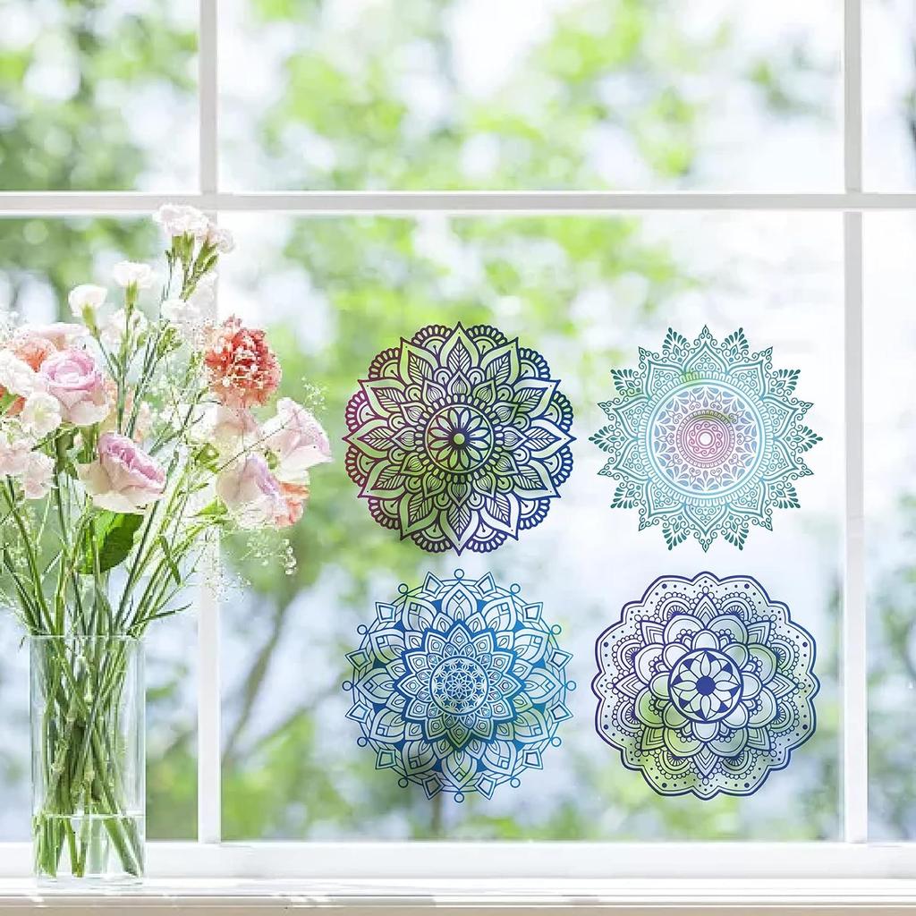 GORGECRAFT 4 Styles Mandala Window Clings Non Adhesive Static Flower of Life Sliding Door Sticker Waterproof Spring Window Film Prevent Birds from