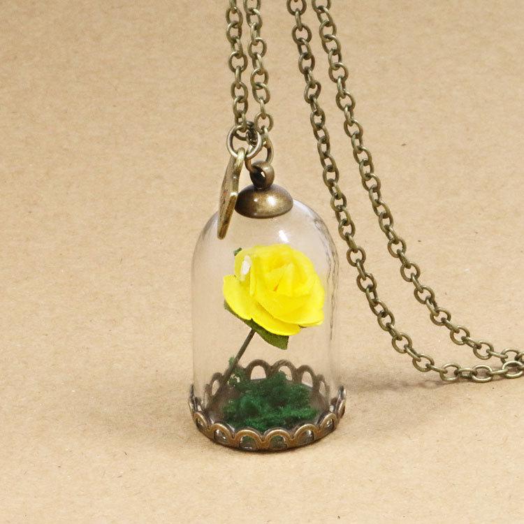 Beauty and The Beast Retro Glass Vial Necklace Butterfly Wish Accessories Necklace Red Rose Dried Flower Jewelry for Women Girls