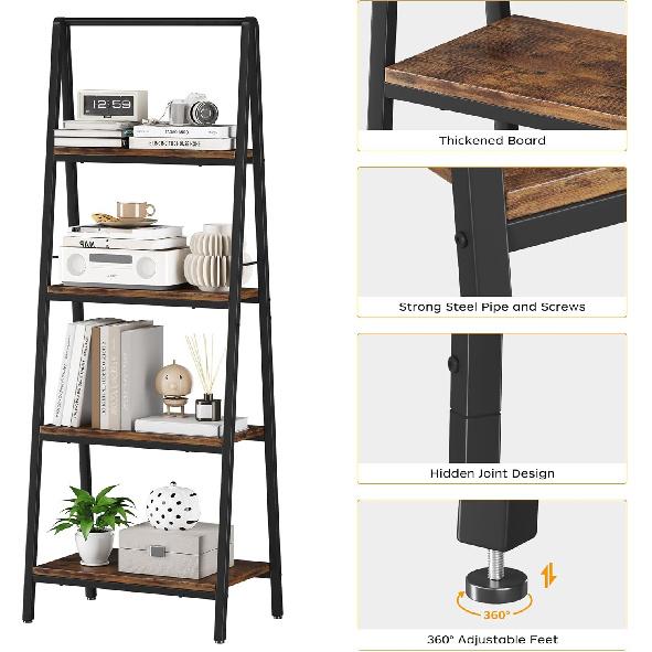 YIJIALEA Ladder Shelf, 4-Tier Leaning Ladder Bookshelf, Rustic and Wood Ladder Shelf Bookcase, Industrial Ladder Shelf Storage Rack for Home Office,